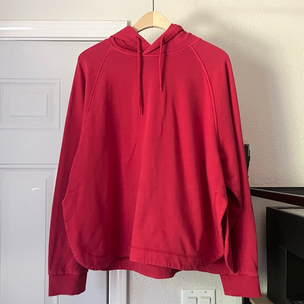 YMC red cotton terry knit rounded hem cropped long sleeve‎ hoodie sweater